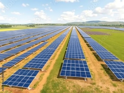 Vast Solar Farm in Rural Landscape: A Sunny Day's Energy Harvest AI Generated photo