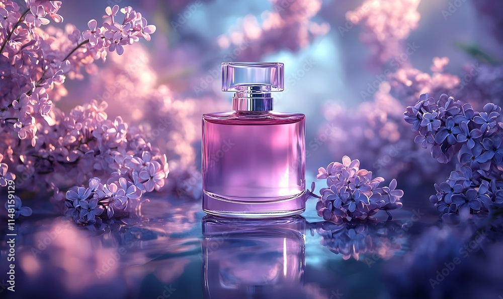 Lilac flowers and perfume bottle with vibrant color and scent Lilac flowers and perfume bottle with vibrant color and scent