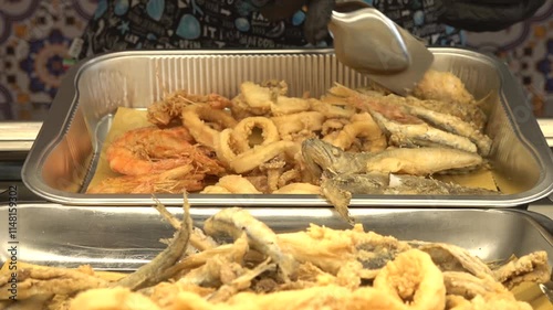 Delicious fried calamari and other fish