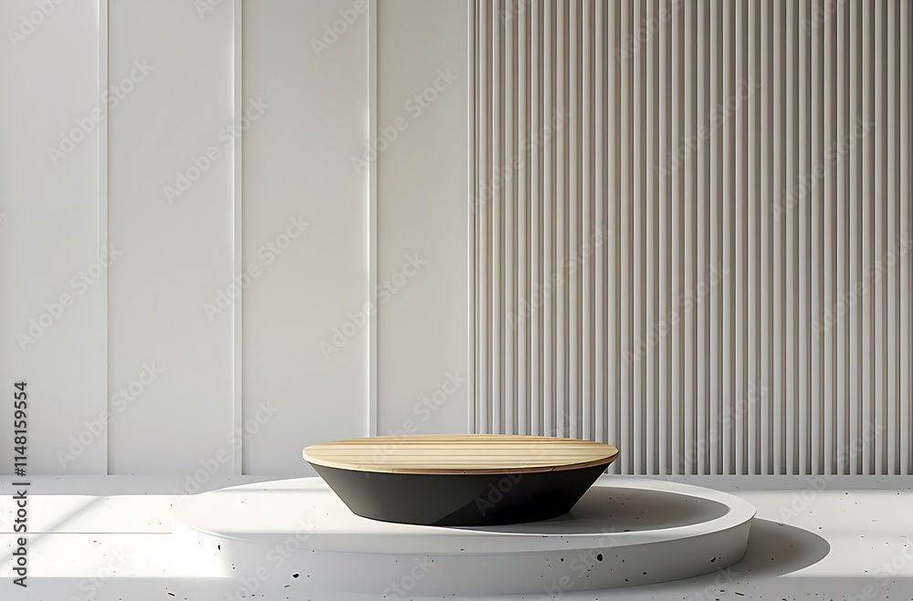 Minimalist wooden and black display stand on white platform in modern room. Minimalist wooden and black display stand on white platform in modern room.