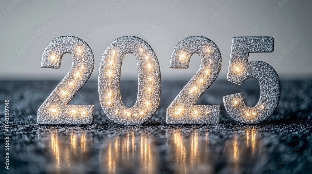 Decorative Sparkling Numbers with Lights Representing the Year 2025 on a Reflective Surface in a Festive Setting Decorative Sparkling Numbers with Lights Representing the Year 2025 on a Reflective Surface in a Festive Setting