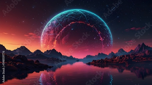 Retro futuristic background landscape 1980s style. Digital retro cyber surface. 80s Retro Sci-Fi background Generative AI