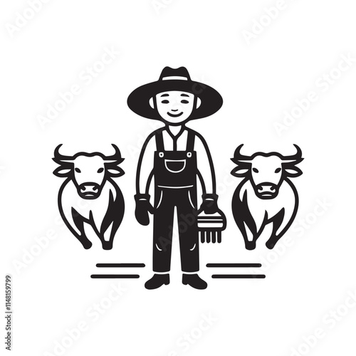 Silhouettes of  Farmer farming with bulls simple high contrast illustration