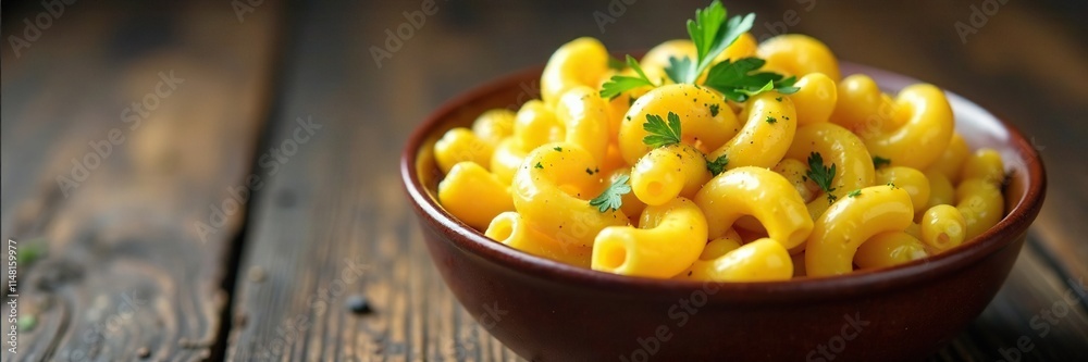 A round shallow bowl filled with creamy baked macaroni and cheese garnished with chopped parsley,, rustic A round shallow bowl filled with creamy baked macaroni and cheese garnished with chopped parsley,, rustic