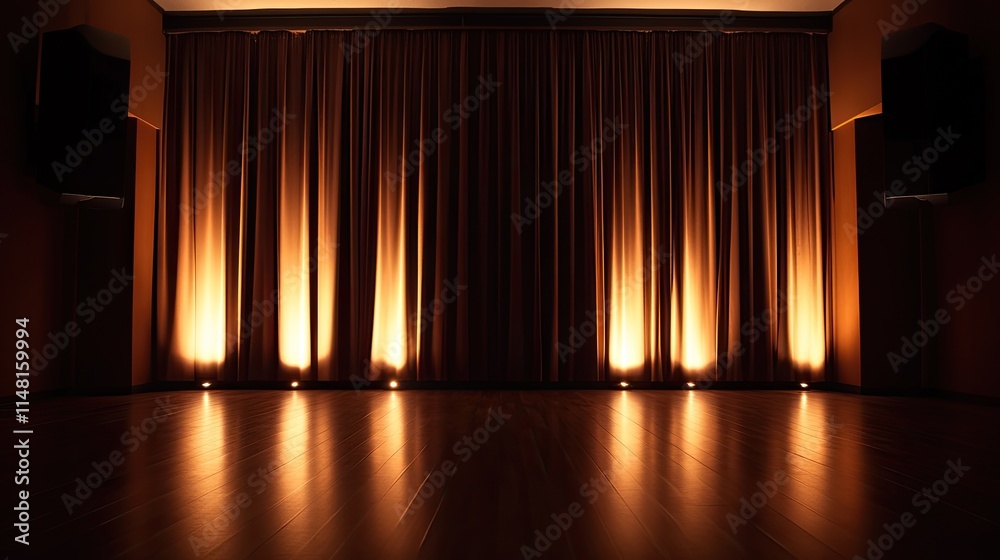 Fototapeta premium Elegant Stage with Warm Lighting and Draped Curtains in a Venue