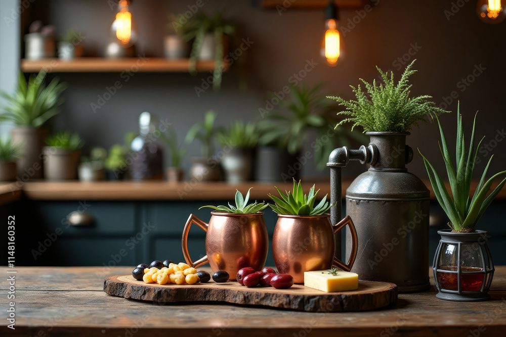 Fototapeta premium Rustic kitchen setting with copper mugs, layered drink and cheeses on a cutting board 