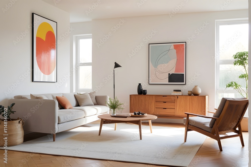 Fototapeta premium Modern minimalist living room with natural sunlight. Concept of simple decor.