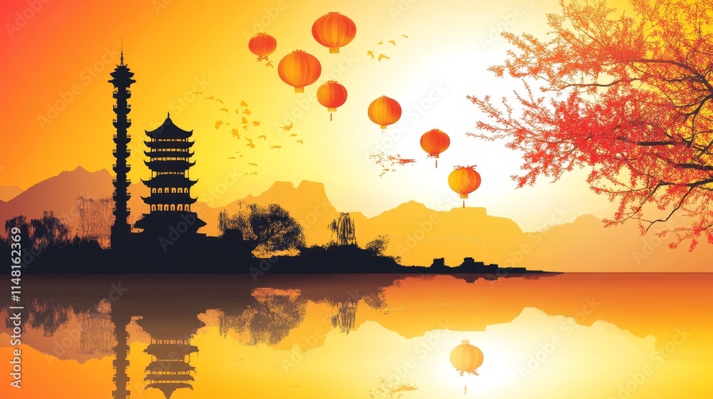 Obraz premium Serene Sunset Reflection Over Tranquil Lake with Lanterns and Pagoda in an Asian Landscape
