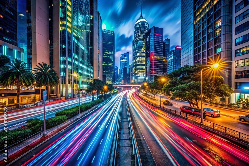 Obraz premium Long Exposure Photography: Urban Night Lights, Cityscape, Blurred Motion, Light Trails, Abstract, Night Photography, City at Night, Street Photography, Colorful Lights