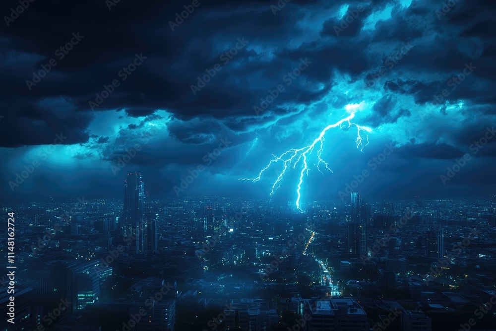 Lightning storm over city in blue light Lightning storm over city in blue light