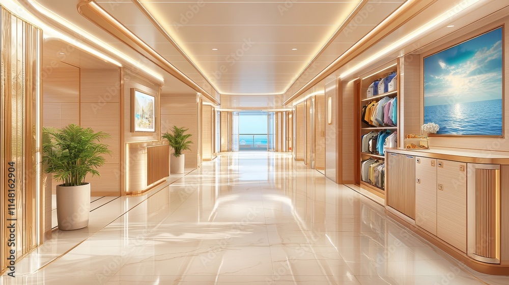 Fototapeta premium Modern hallway with elegant decor, natural light, and ocean views creating a serene atmosphere.