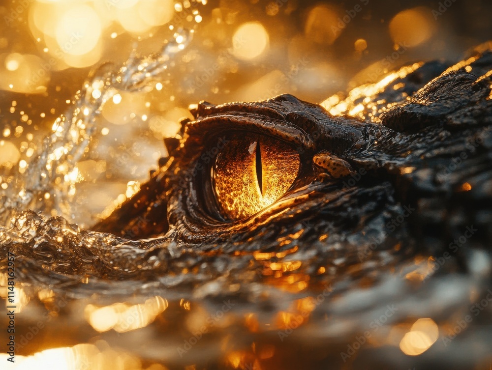 Golden Sunset Crocodile Eye CloseUp Water Reflection Wildlife Golden Sunset Crocodile Eye CloseUp Water Reflection Wildlife