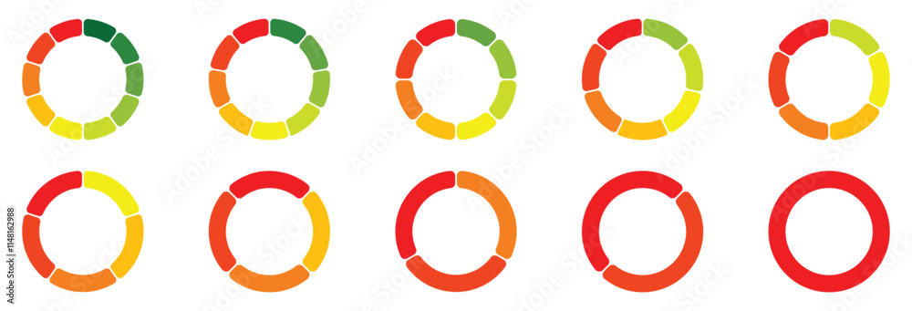 Circle division infographic icon set. Pie chart divided 2, 3, 4,5,6, 7, 8, 9, 10 equal parts. Color pizza or donut round diagram. Vector illustration. Infographic wheel segment and fraction Circle division infographic icon set. Pie chart divided 2, 3, 4,5,6, 7, 8, 9, 10 equal parts. Color pizza or donut round diagram. Vector illustration. Infographic wheel segment and fraction