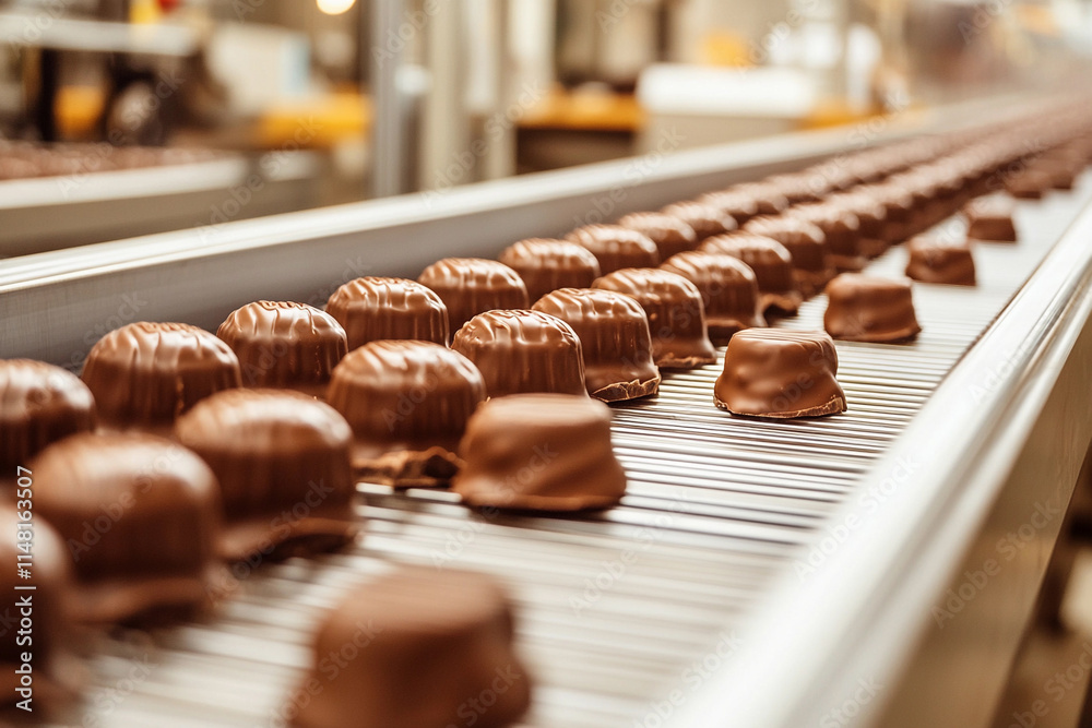 A chocolate factory conveyor belt with freshly molded chocolates being packaged A chocolate factory conveyor belt with freshly molded chocolates being packaged