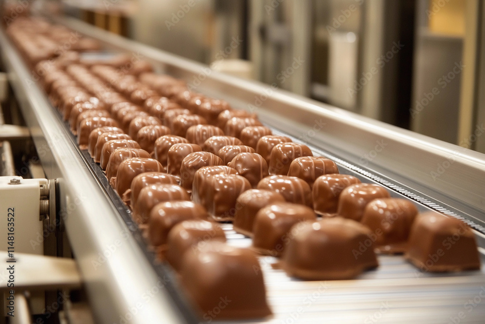 A chocolate factory conveyor belt with freshly molded chocolates being packaged