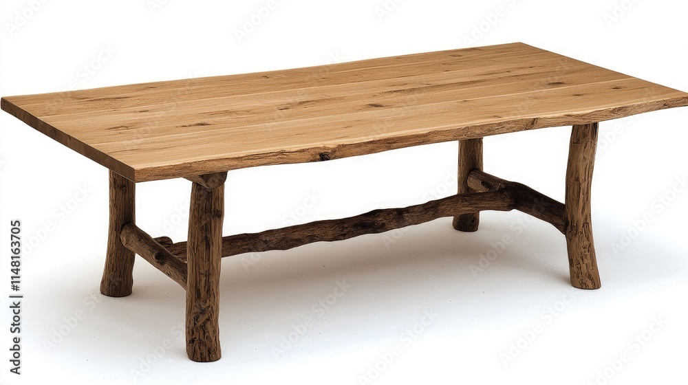 Rustic wooden dining table with live edge top and trestle base. Rustic wooden dining table with live edge top and trestle base.