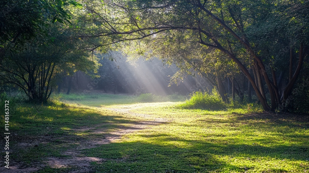 Sunbeams illuminate a path through a lush green forest. Sunbeams illuminate a path through a lush green forest.