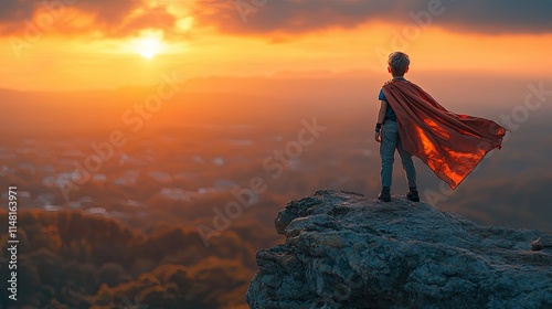 A child in a superhero cape stands on a rock, gazing at a vibrant sunset over the landscape.