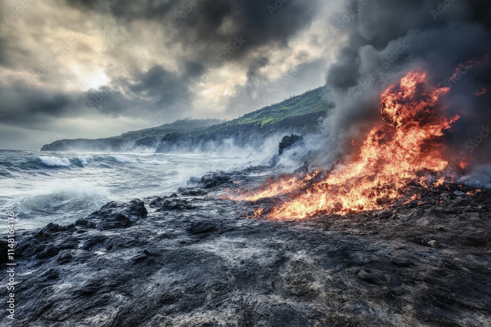 Naklejka premium Low-hanging clouds over mountains and forest near Ketchikan, Alaska. Beautiful simple AI generated image