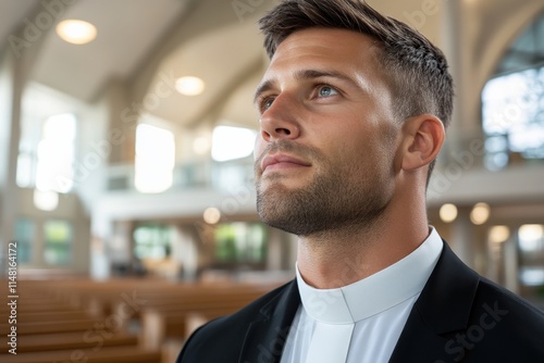 A pensive clergyman stands inside a modern church, reflecting and contemplating, surrounded by natural light and wooden elements enhancing spiritual ambiance of worship. photo