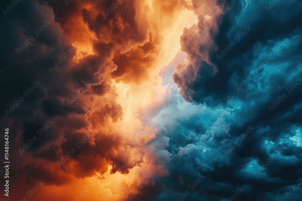 Stormy sky with dramatic clouds from an approaching thunderstorm at sunset