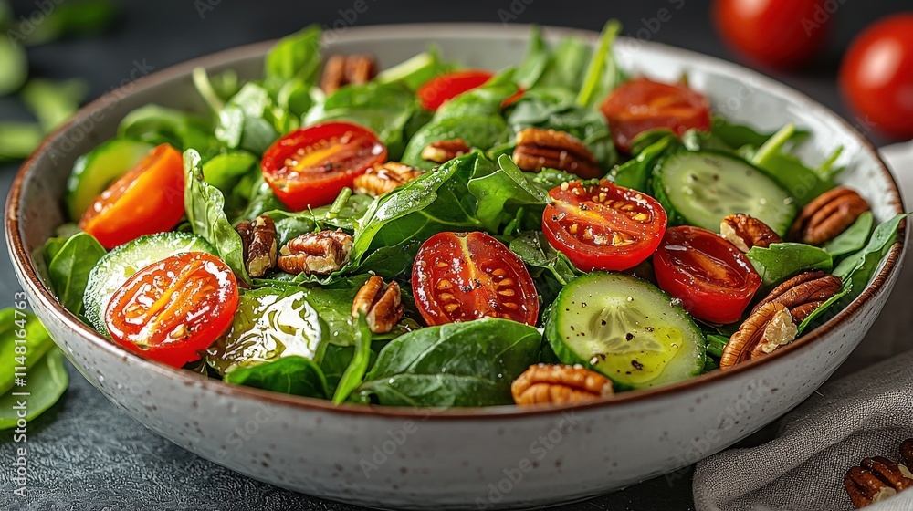 Fresh spinach salad with cherry tomatoes, cucumber, and pecan pieces. A healthy and delicious meal. Fresh spinach salad with cherry tomatoes, cucumber, and pecan pieces. A healthy and delicious meal.