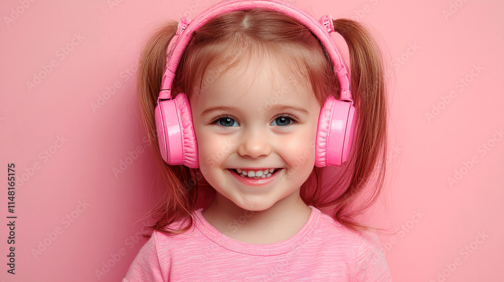 Cute little girl with a smile in wireless headphones listening to music. Children's emotions. Cute little girl with a smile in wireless headphones listening to music. Children's emotions.