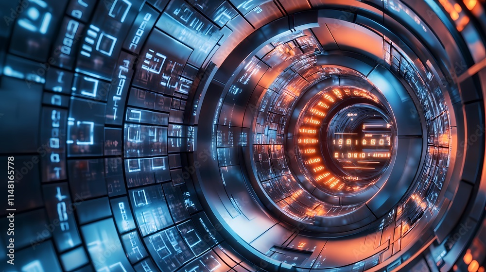 Obraz premium Futuristic Digital Tunnel with Glowing Binary Code and Neon Lights Reflecting in a Sleek Metallic Environment, Evoking a Sense of Virtual Reality Journey Space Exploration