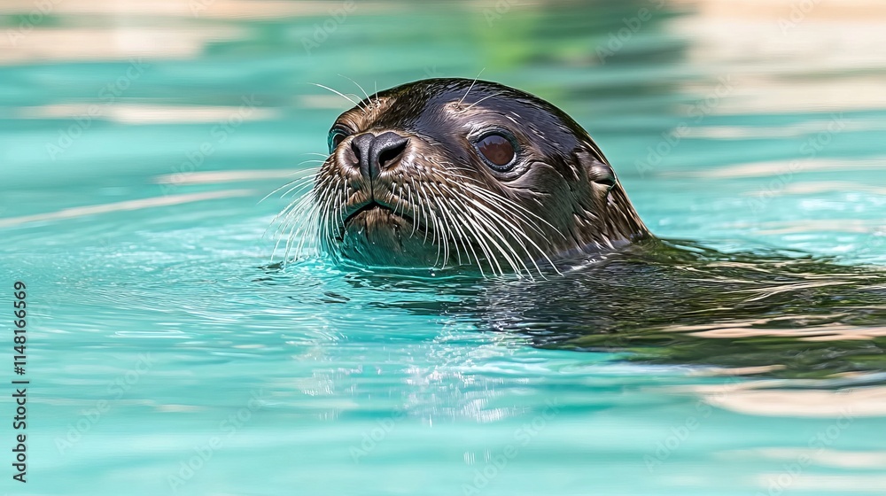 Obraz premium Sea Lion Portrait in Aqua Water, Peaceful Aquatic Mammal