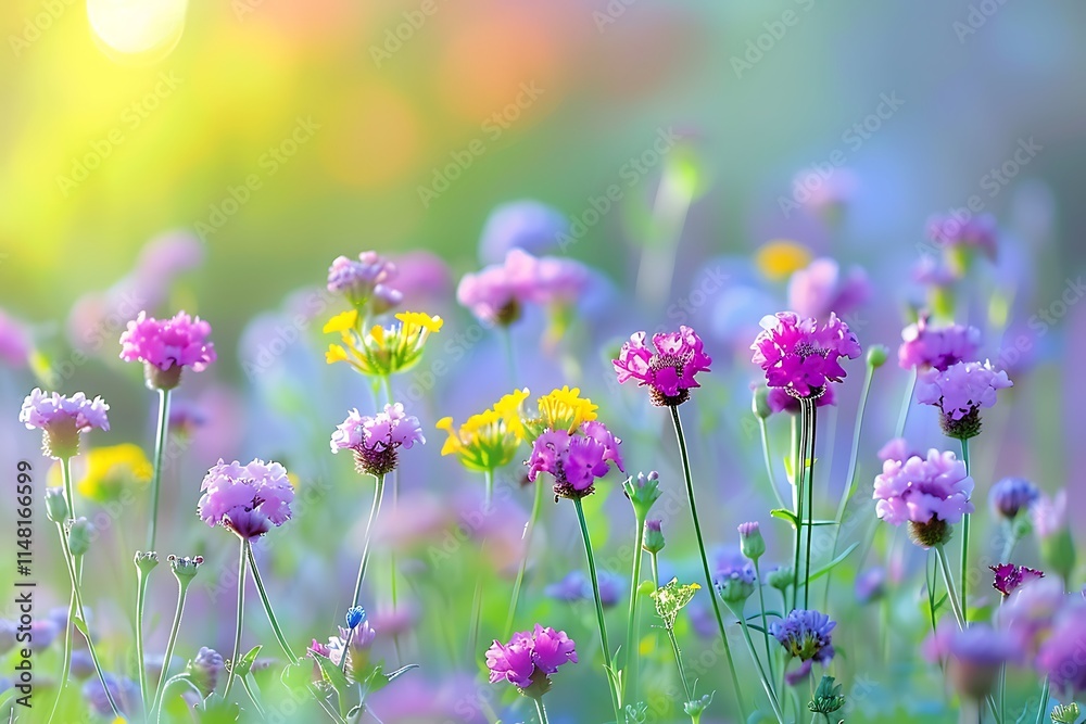 Fototapeta premium Beautiful verbena bonariensis flowers in a field at sunset