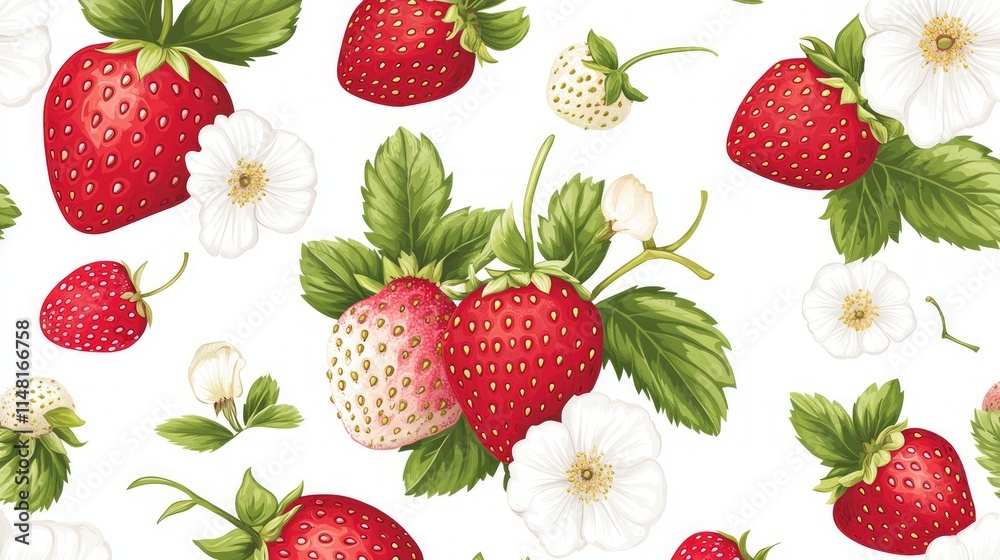 Seamless Strawberry Pattern with Blossoms and Leaves Seamless Strawberry Pattern with Blossoms and Leaves