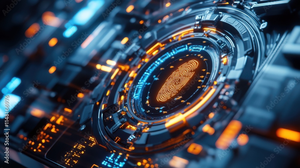 Fototapeta premium Macro biometrical scanner processing finger print identifying user access. Futuristic high-tech protection interface analysing fingerprint verifying personal login. Modern security digital concept.