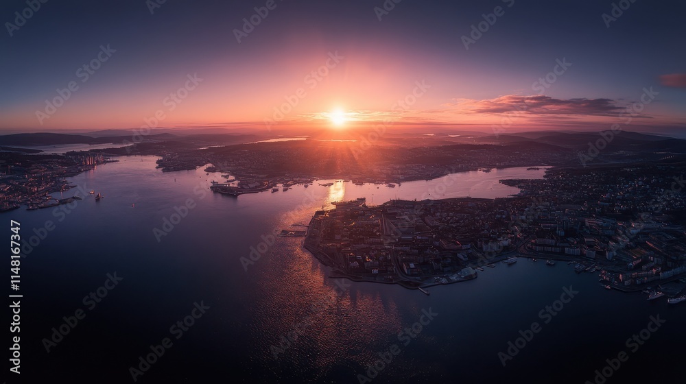 Fototapeta premium Oslo, Norway. City view during sunset. Back light. The central part of the city, From Drone.