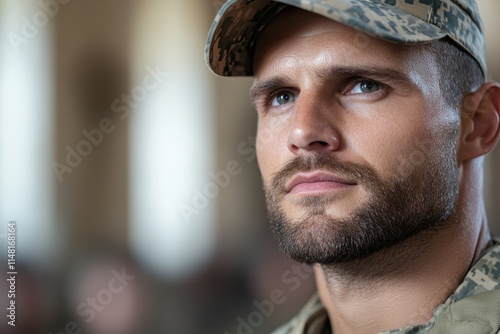 A soldier in a camouflage cap displays an intense expression, evoking themes of determination and responsibility in a thought-provoking moment. photo