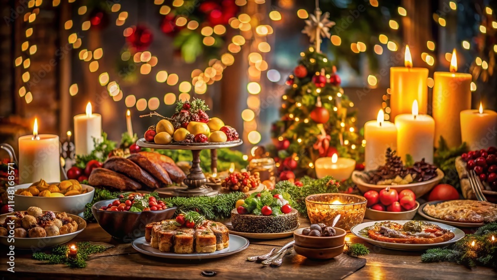 Fototapeta premium Low Light Christmas Buffet Photography: Festive Food, Delicious Treats, Holiday Feast