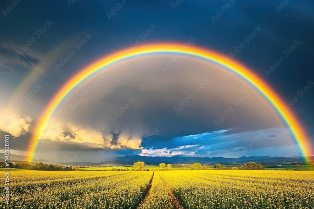 A complete and double rainbow after a thunderstorm over a cultivated landscape in the Palatinate A complete and double rainbow after a thunderstorm over a cultivated landscape in the Palatinate