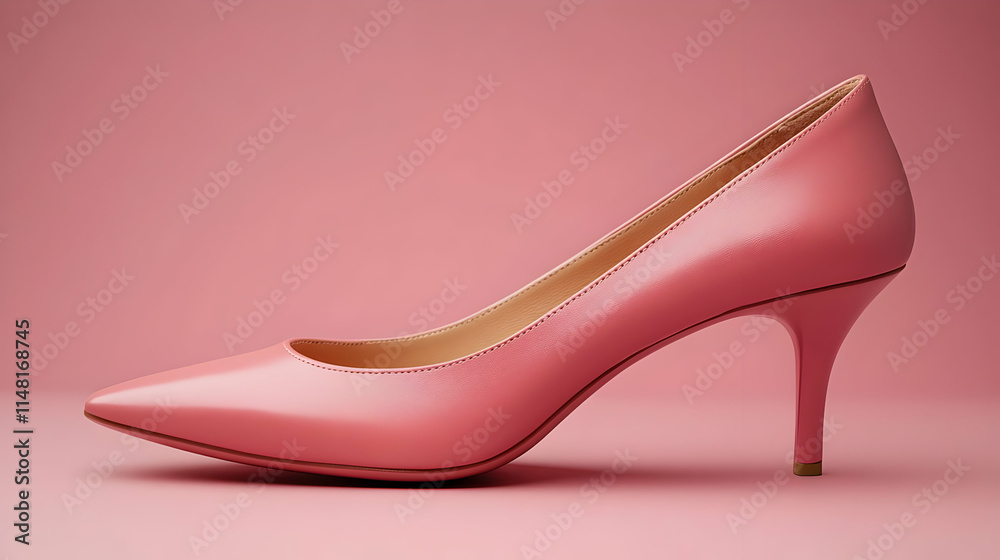 A stylish pink high-heeled shoe displayed against a solid pink background. A stylish pink high-heeled shoe displayed against a solid pink background.