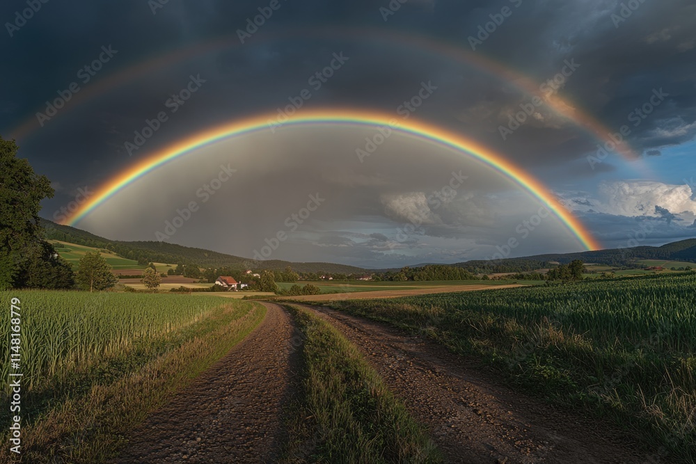A complete and double rainbow after a thunderstorm over a cultivated landscape in the Palatinate A complete and double rainbow after a thunderstorm over a cultivated landscape in the Palatinate