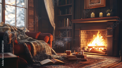  A cozy living room with a roaring fireplace, surrounded by warm blankets and a steaming cup of tea2 photo