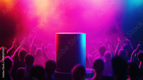 close up of empty round cylinder pedestal display or podium platform with neon crowded party at nightclub background	