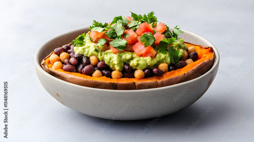 Baked sweet potato filled with black beans and chickpeas, a nutritious and delicious vegetarian meal showcasing wholesome ingredients, perfect for a healthy lunch or dinner, offering a blend of flavor Baked sweet potato filled with black beans and chickpeas, a nutritious and delicious vegetarian meal showcasing wholesome ingredients, perfect for a healthy lunch or dinner, offering a blend of flavor