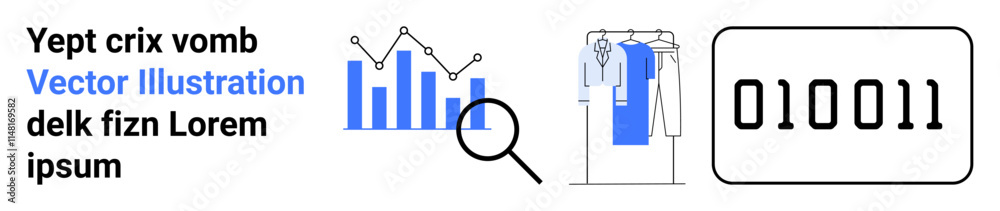Blue bar graph with magnifying glass, fashion design elements including clothing, binary code 010011, and placeholder text. Ideal for data analysis, technology, fashion, coding, research Blue bar graph with magnifying glass, fashion design elements including clothing, binary code 010011, and placeholder text. Ideal for data analysis, technology, fashion, coding, research