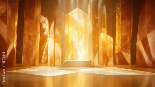 Wallpaper Mural Illuminated amber crystal pillars surround a glowing podium in a dark room. Torontodigital.ca