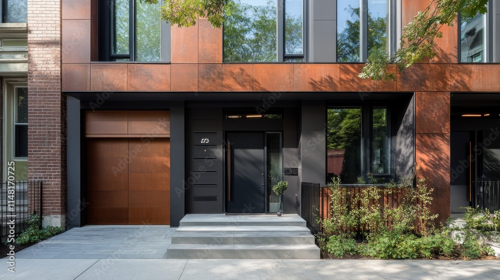 Fototapeta premium Modern house exterior with copper cladding, dark accents, and a garage door.