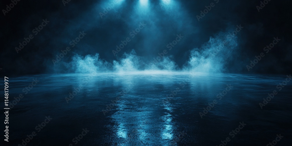 Dark street, wet asphalt, reflections of rays in the water. Abstract dark blue background, smoke, smog. Empty dark scene, neon light, spotlights. Concrete floor Dark street, wet asphalt, reflections of rays in the water. Abstract dark blue background, smoke, smog. Empty dark scene, neon light, spotlights. Concrete floor