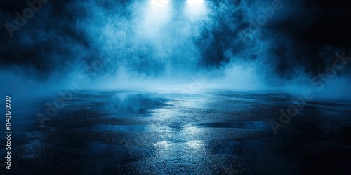 Dark street, wet asphalt, reflections of rays in the water. Abstract dark blue background, smoke, smog. Empty dark scene, neon light, spotlights. Concrete floor 