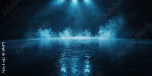 Dark street, wet asphalt, reflections of rays in the water. Abstract dark blue background, smoke, smog. Empty dark scene, neon light, spotlights. Concrete floor 