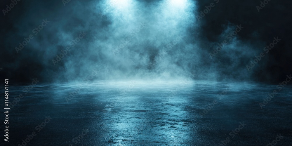 Dark street, wet asphalt, reflections of rays in the water. Abstract dark blue background, smoke, smog. Empty dark scene, neon light, spotlights. Concrete floor Dark street, wet asphalt, reflections of rays in the water. Abstract dark blue background, smoke, smog. Empty dark scene, neon light, spotlights. Concrete floor
