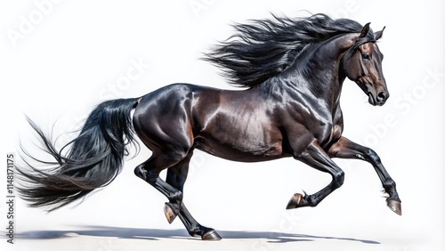 Low Light Galloping Black Andalusian Stallion Photography - Isolated White Background
