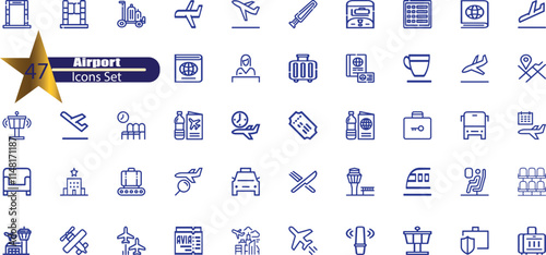Airport icon collection. Containing plane, boarding pass, traveler, duty free, information desk,